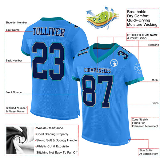 Custom Powder Blue Navy Gray-Teal Mesh Authentic Football Jersey - Sky-Custom