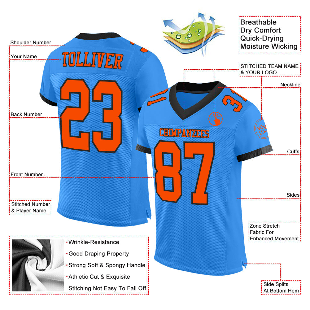 Custom Powder Blue Orange-Black Mesh Authentic Football Jersey - Sky-Custom