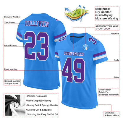 Custom Powder Blue Purple-White Mesh Authentic Football Jersey - Sky-Custom