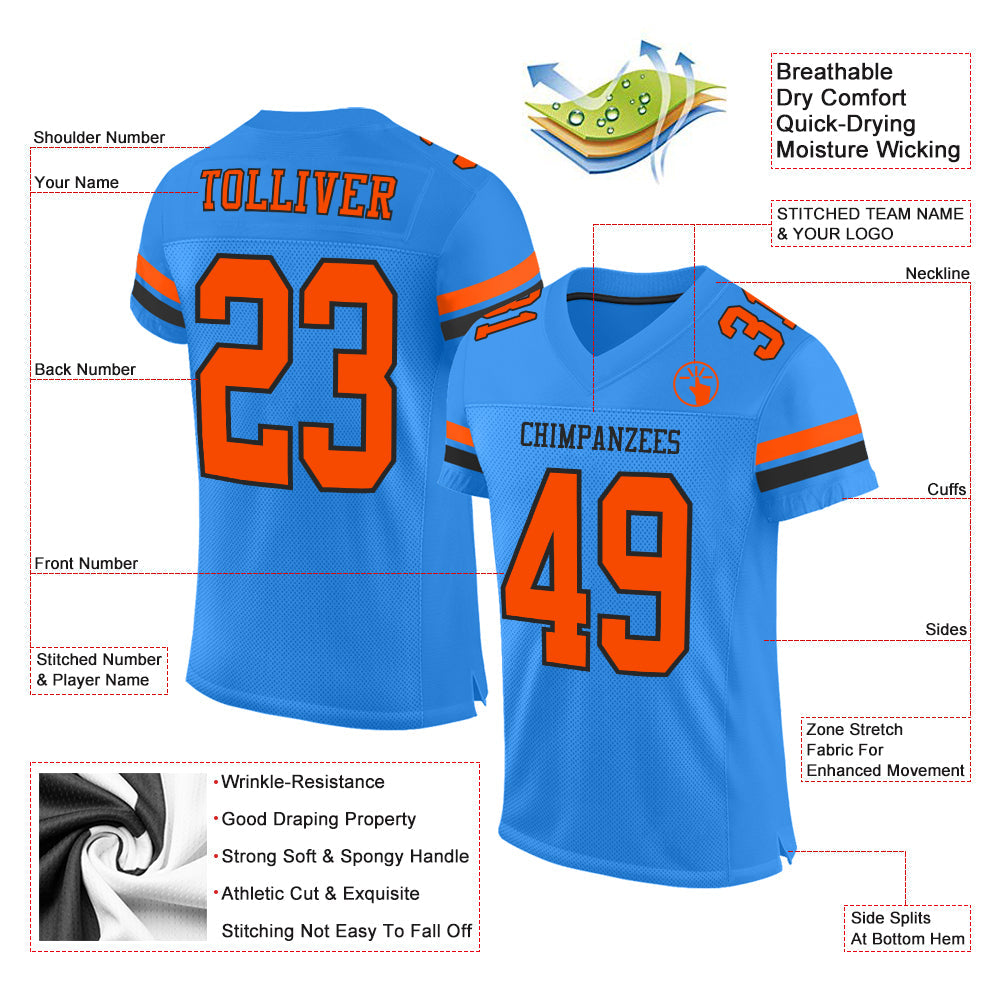 Custom Powder Blue Orange-Black Mesh Authentic Football Jersey - Sky-Custom