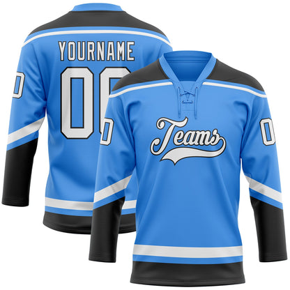 Custom Powder Blue White-Black Hockey Lace Neck Jersey - Sky-Custom