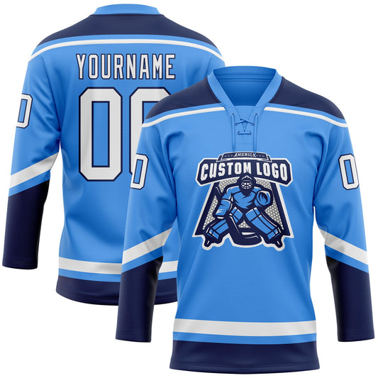 Custom Powder Blue White-Navy Hockey Lace Neck Jersey - Sky-Custom