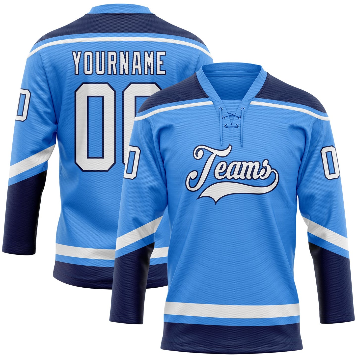 Custom Powder Blue White-Navy Hockey Lace Neck Jersey - Sky-Custom