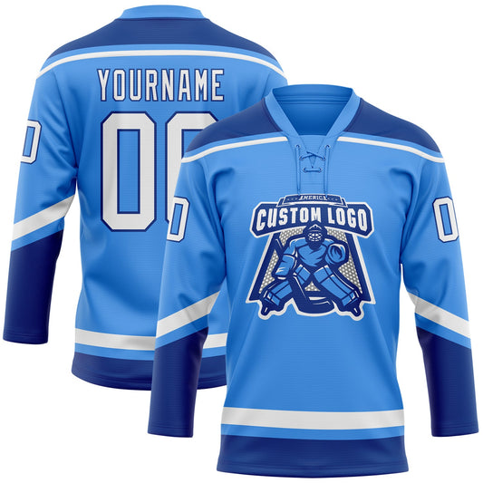 Custom Powder Blue White-Royal Hockey Lace Neck Jersey - Sky-Custom