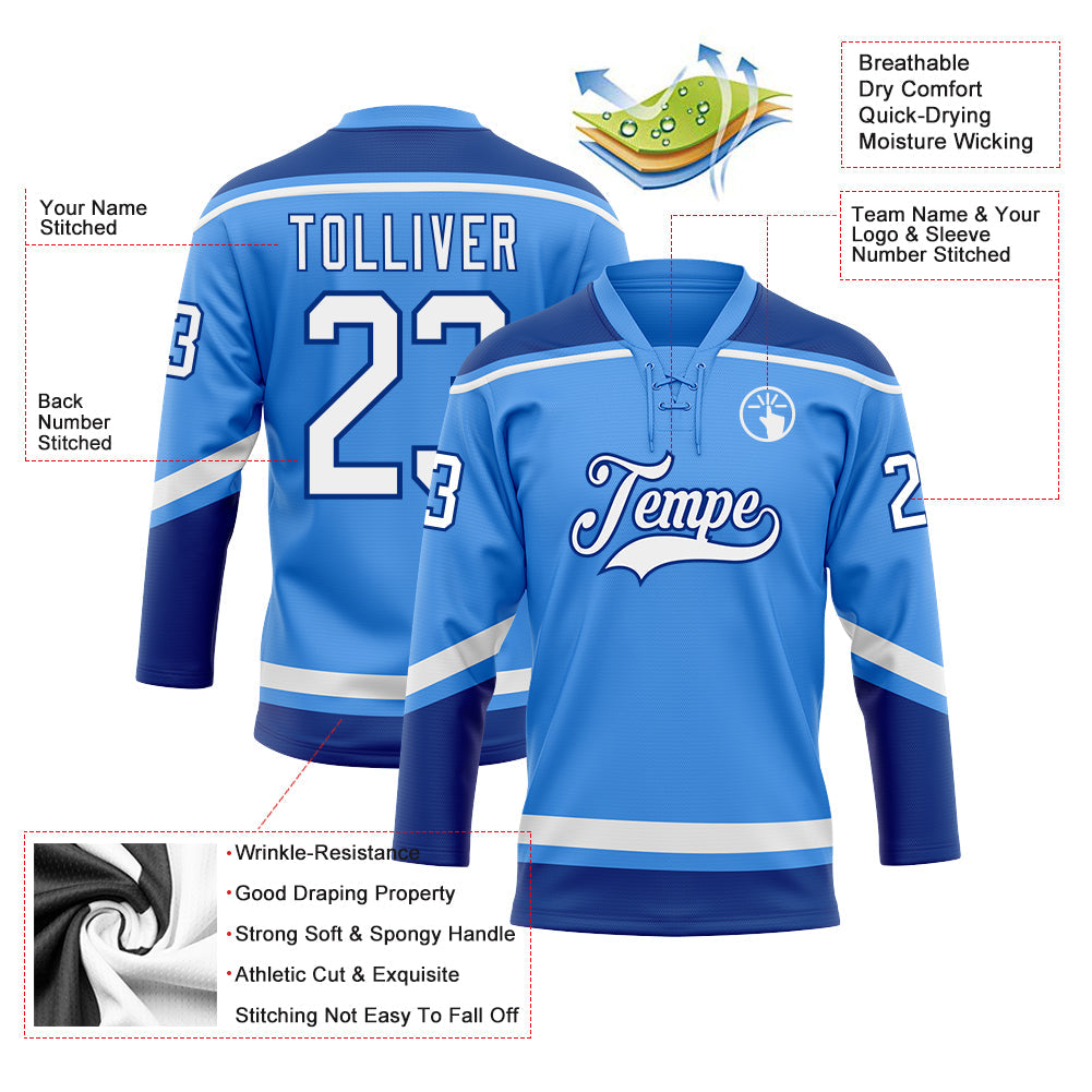 Custom Powder Blue White-Royal Hockey Lace Neck Jersey - Sky-Custom