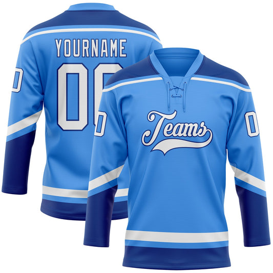 Custom Powder Blue White-Royal Hockey Lace Neck Jersey - Sky-Custom