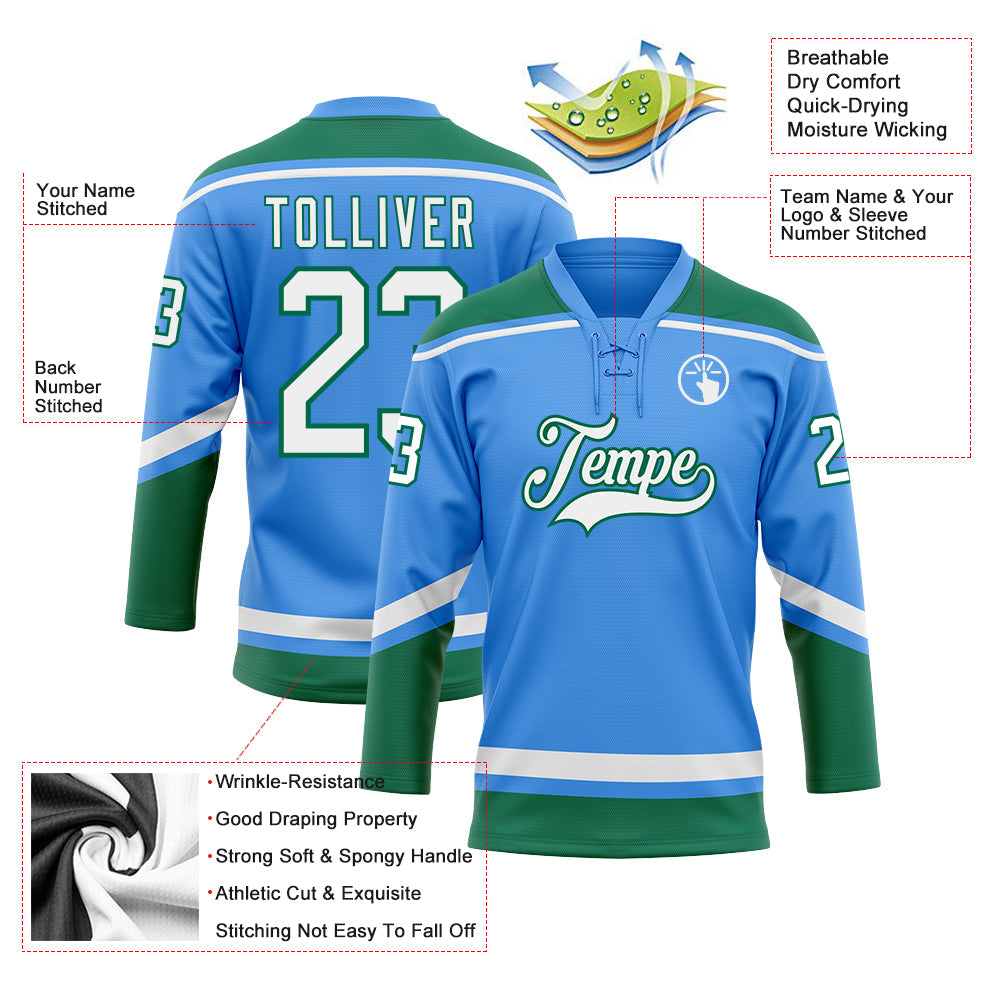 Custom Powder Blue White-Kelly Green Hockey Lace Neck Jersey - Sky-Custom