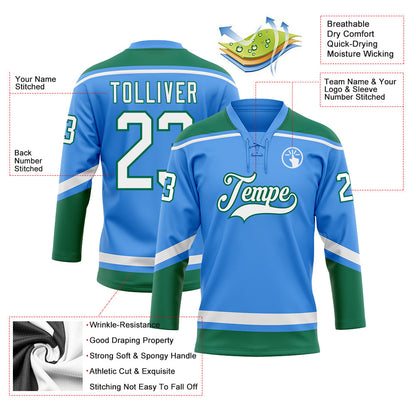 Custom Powder Blue White-Kelly Green Hockey Lace Neck Jersey - Sky-Custom