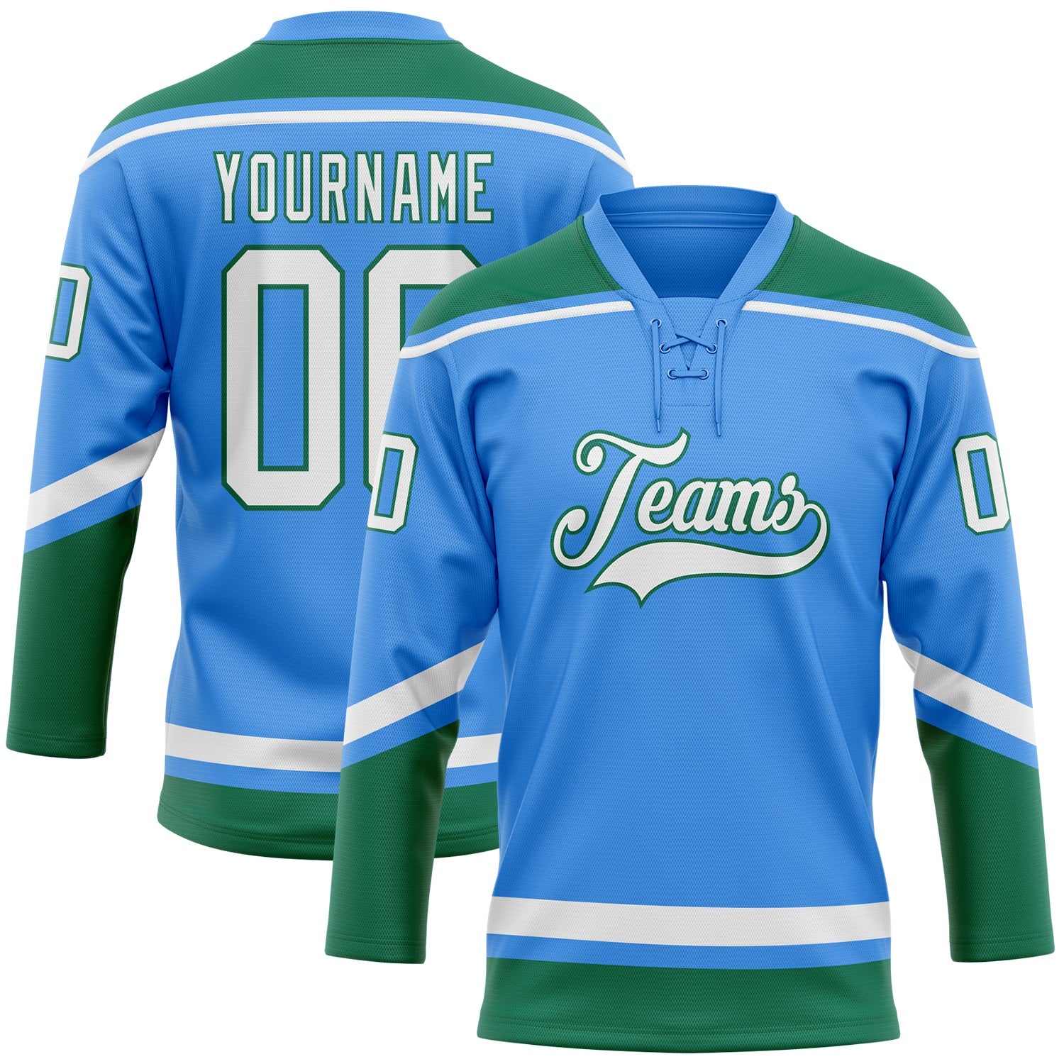 Custom Powder Blue White-Kelly Green Hockey Lace Neck Jersey - Sky-Custom
