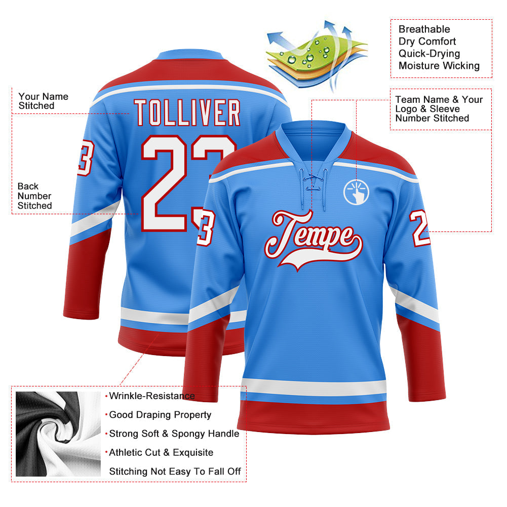 Custom Powder Blue White-Red Hockey Lace Neck Jersey - Sky-Custom