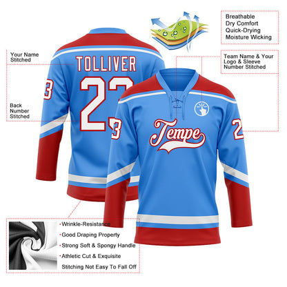 Custom Powder Blue White-Red Hockey Lace Neck Jersey - Sky-Custom