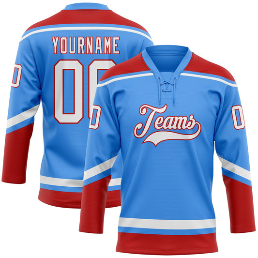 Custom Powder Blue White-Red Hockey Lace Neck Jersey - Sky-Custom