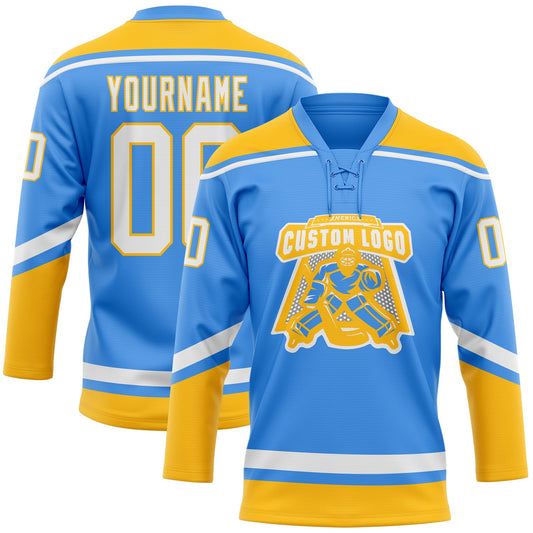 Custom Powder Blue White-Gold Hockey Lace Neck Jersey - Sky-Custom