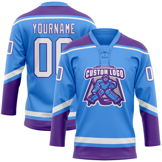 Custom Powder Blue White-Purple Hockey Lace Neck Jersey - Sky-Custom