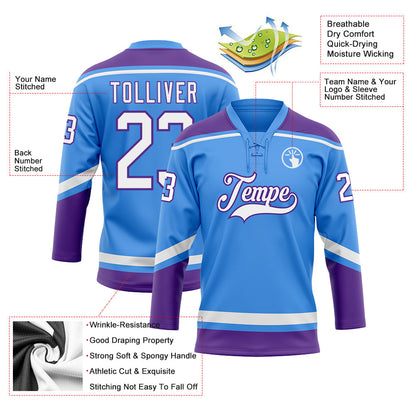 Custom Powder Blue White-Purple Hockey Lace Neck Jersey - Sky-Custom