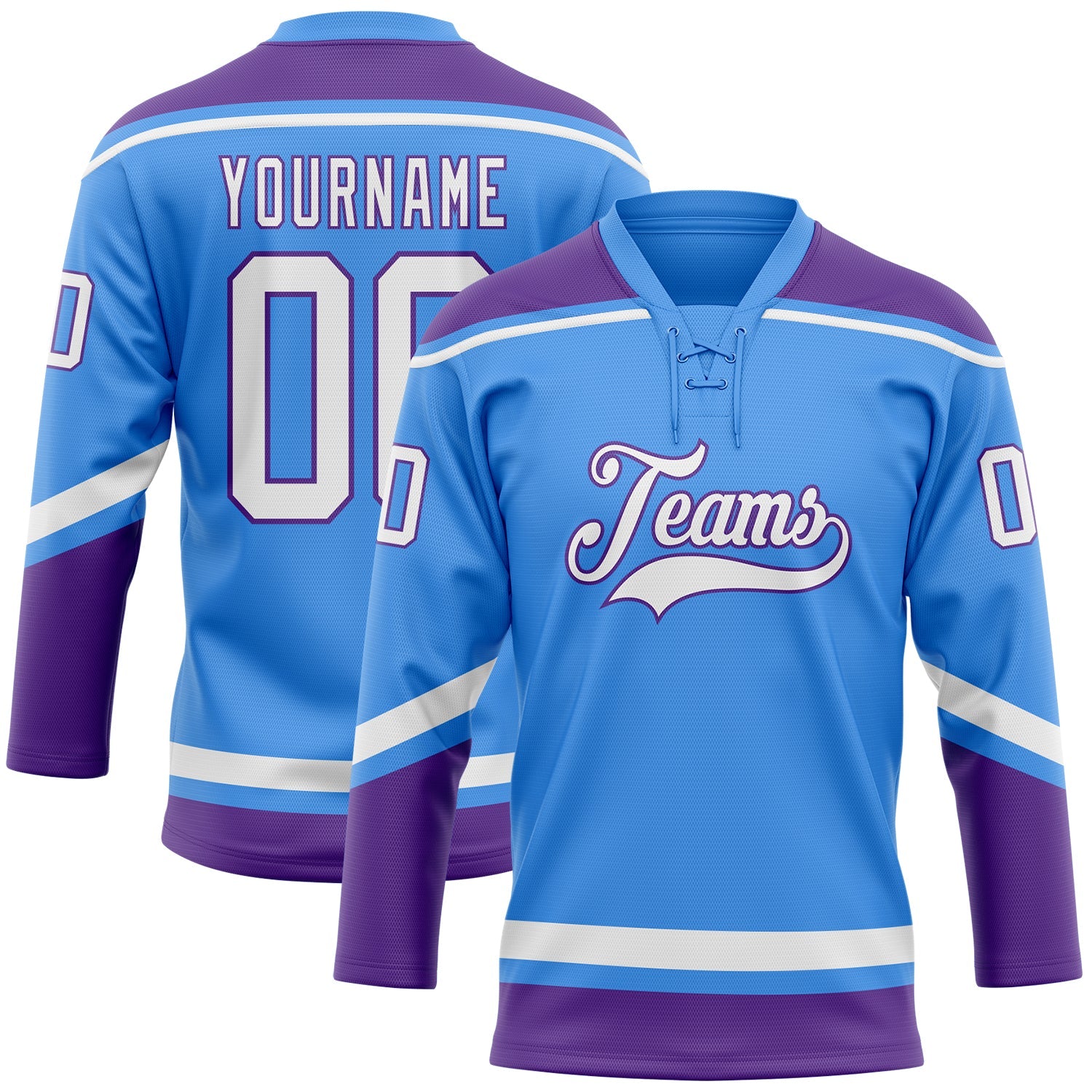 Custom Powder Blue White-Purple Hockey Lace Neck Jersey - Sky-Custom