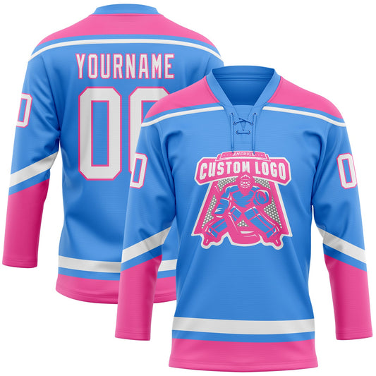 Custom Powder Blue White-Pink Hockey Lace Neck Jersey - Sky-Custom