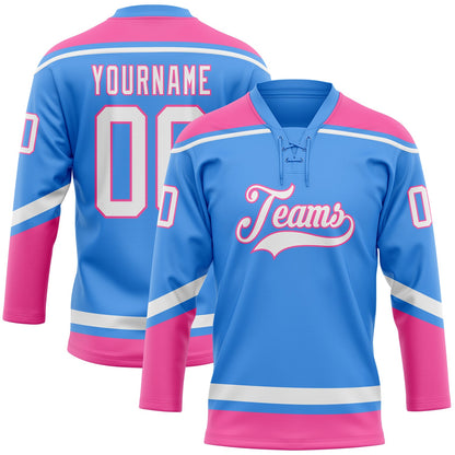 Custom Powder Blue White-Pink Hockey Lace Neck Jersey - Sky-Custom