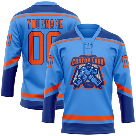 Custom Powder Blue Orange-Royal Hockey Lace Neck Jersey - Sky-Custom