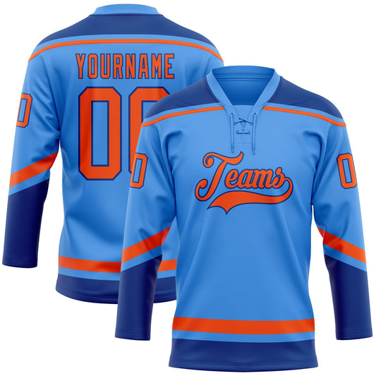 Custom Powder Blue Orange-Royal Hockey Lace Neck Jersey - Sky-Custom