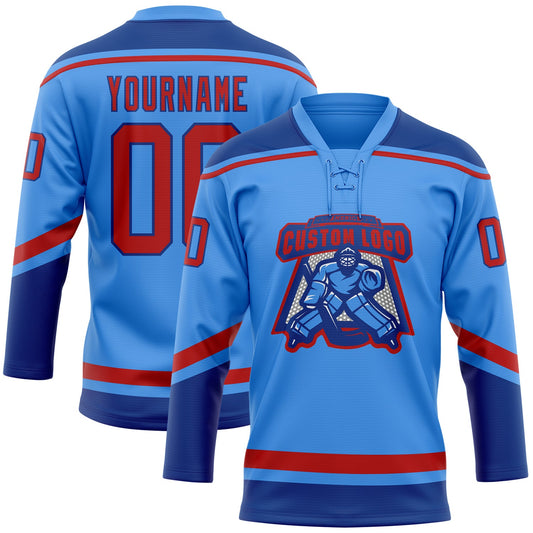 Custom Powder Blue Red-Royal Hockey Lace Neck Jersey - Sky-Custom