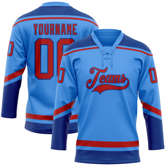 Custom Powder Blue Red-Royal Hockey Lace Neck Jersey - Sky-Custom
