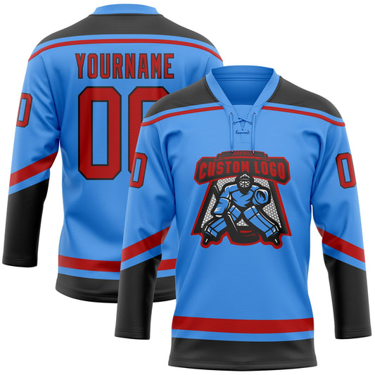 Custom Powder Blue Red-Black Hockey Lace Neck Jersey - Sky-Custom