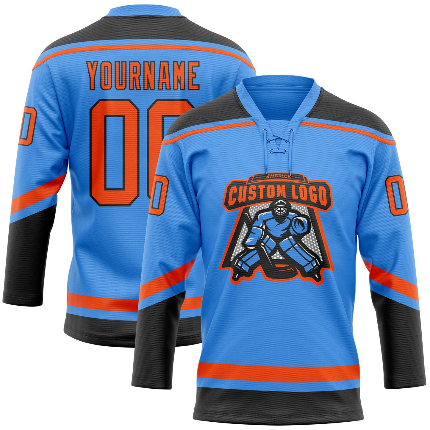 Custom Powder Blue Orange-Black Hockey Lace Neck Jersey - Sky-Custom