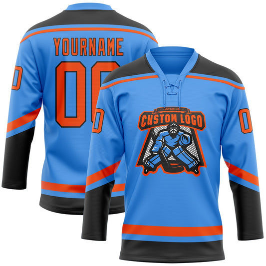 Custom Powder Blue Orange-Black Hockey Lace Neck Jersey - Sky-Custom