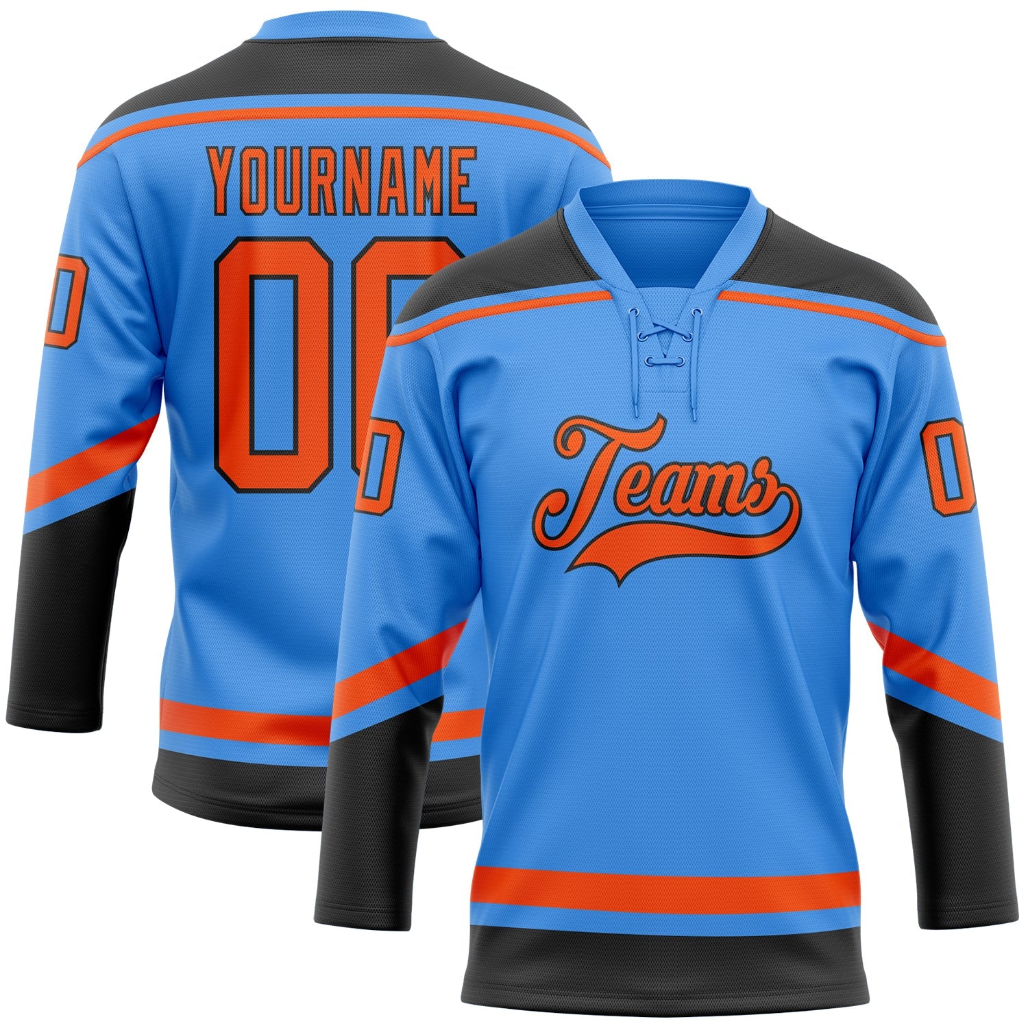 Custom Powder Blue Orange-Black Hockey Lace Neck Jersey - Sky-Custom