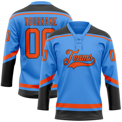 Custom Powder Blue Orange-Black Hockey Lace Neck Jersey - Sky-Custom