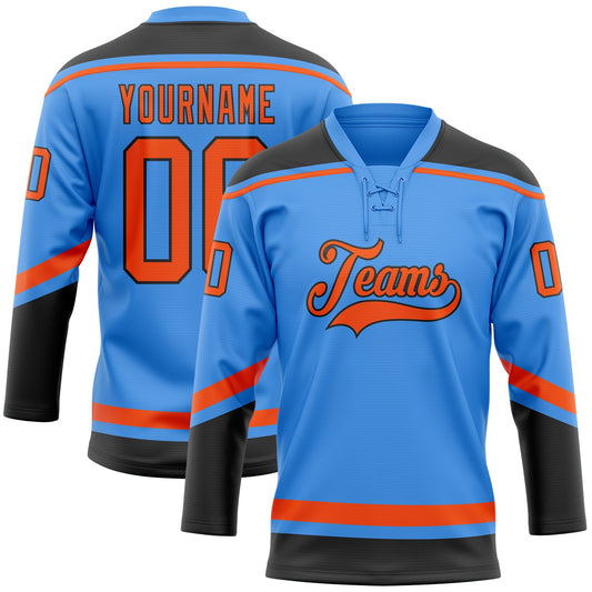 Custom Powder Blue Orange-Black Hockey Lace Neck Jersey - Sky-Custom