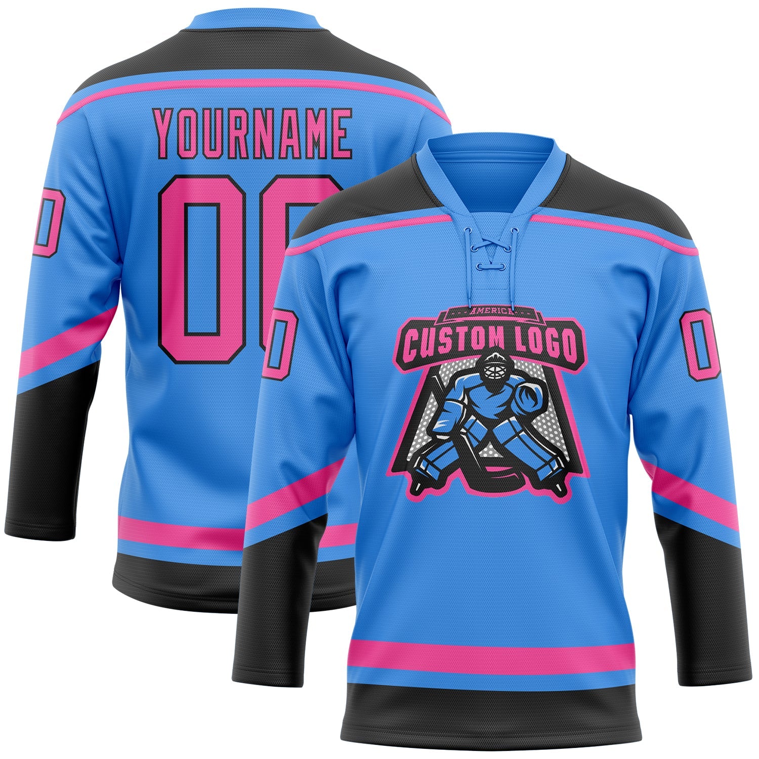 Custom Powder Blue Pink-Black Hockey Lace Neck Jersey - Sky-Custom