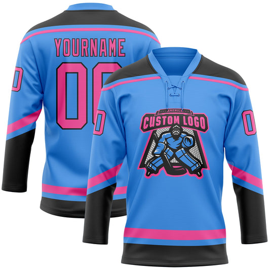 Custom Powder Blue Pink-Black Hockey Lace Neck Jersey - Sky-Custom