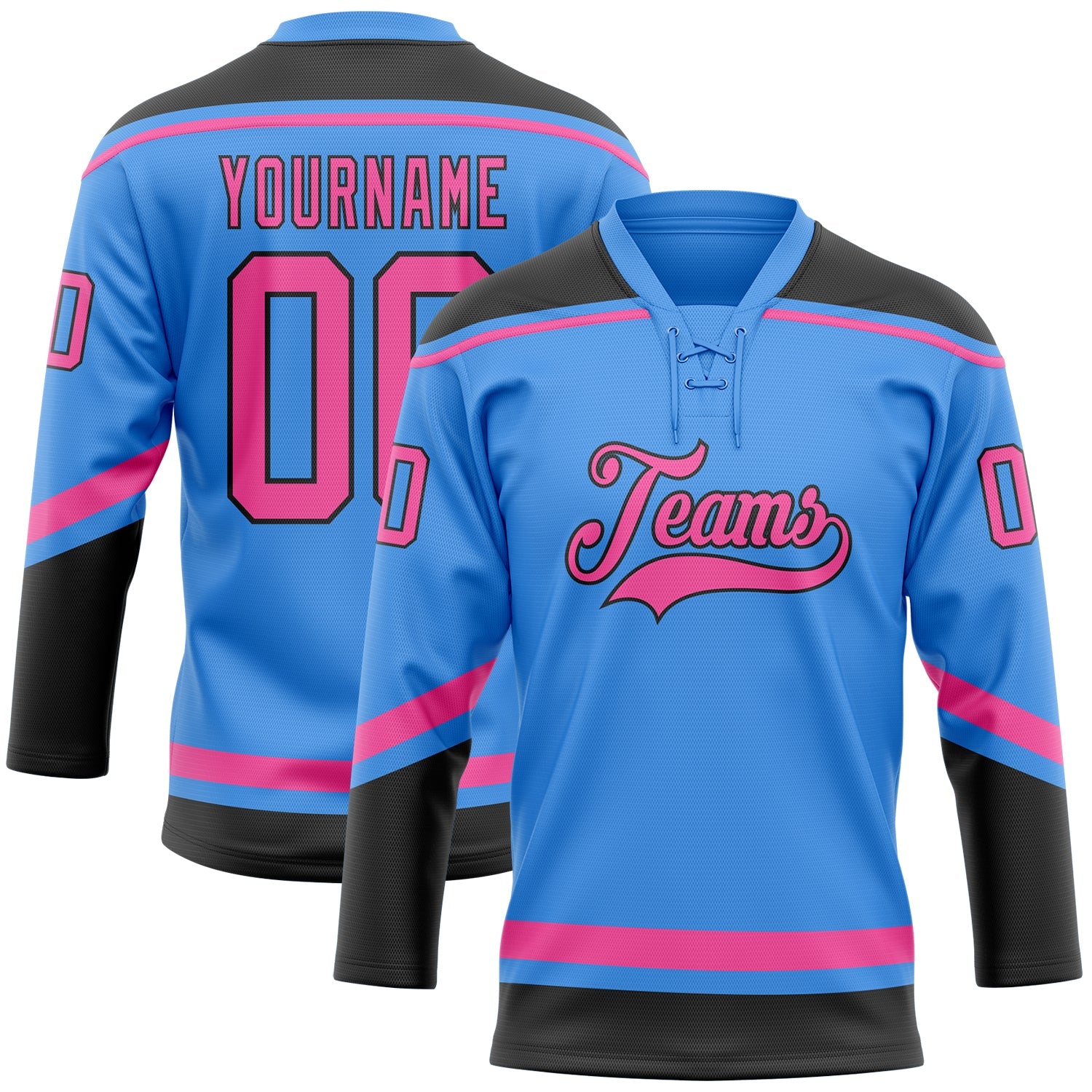 Custom Powder Blue Pink-Black Hockey Lace Neck Jersey - Sky-Custom