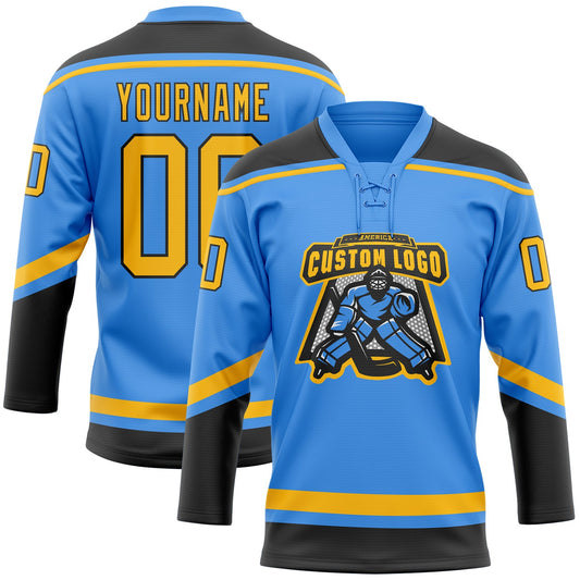 Custom Powder Blue Gold-Black Hockey Lace Neck Jersey - Sky-Custom