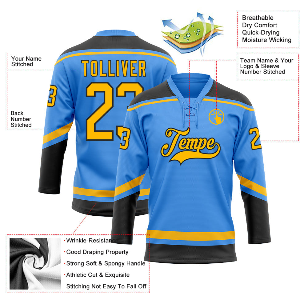 Custom Powder Blue Gold-Black Hockey Lace Neck Jersey - Sky-Custom
