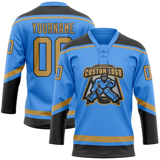 Custom Powder Blue Old Gold-Black Hockey Lace Neck Jersey - Sky-Custom