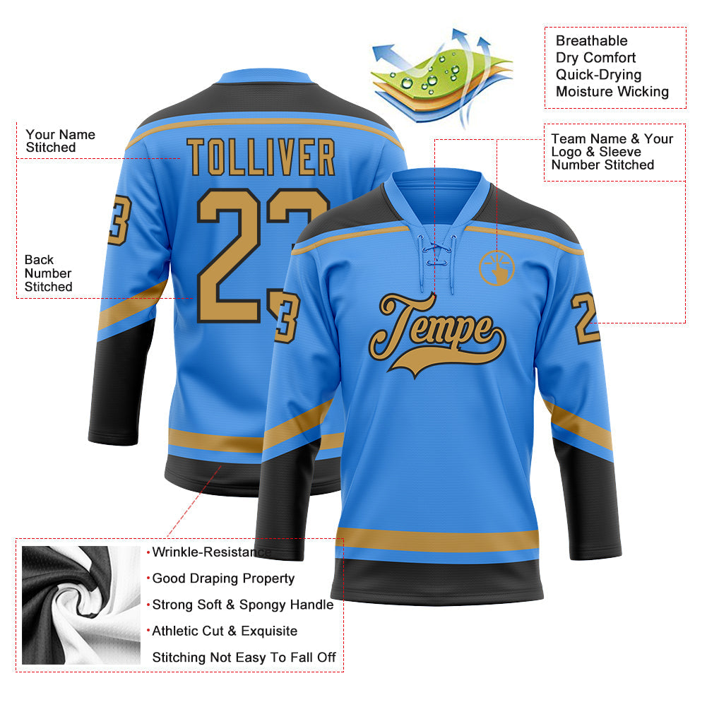 Custom Powder Blue Old Gold-Black Hockey Lace Neck Jersey - Sky-Custom