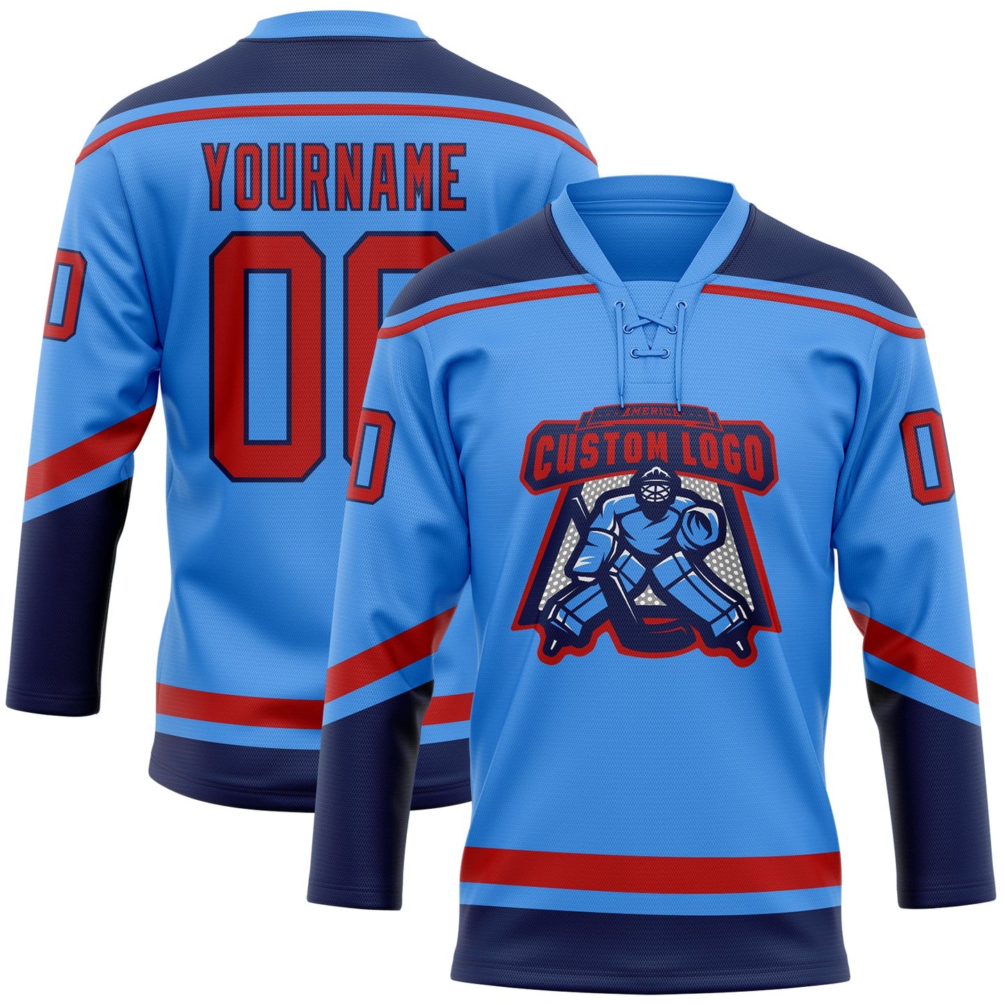 Custom Powder Blue Red-Navy Hockey Lace Neck Jersey - Sky-Custom