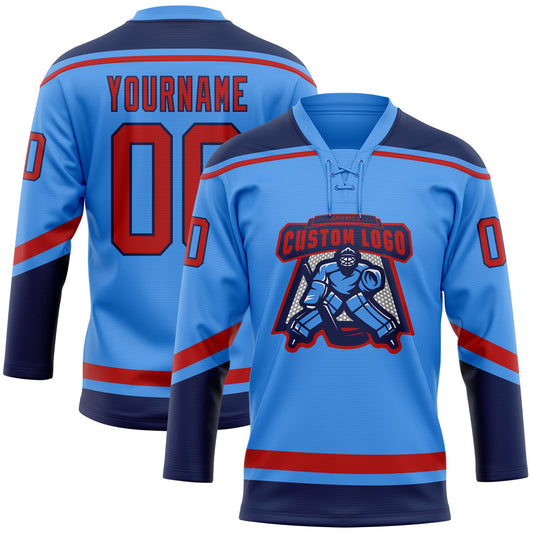Custom Powder Blue Red-Navy Hockey Lace Neck Jersey - Sky-Custom