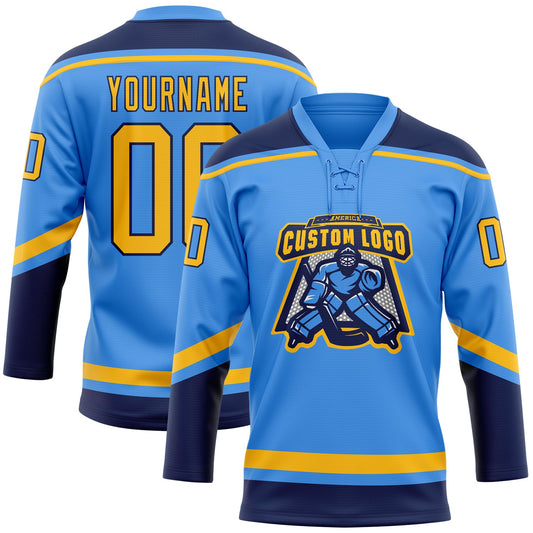 Custom Powder Blue Gold-Navy Hockey Lace Neck Jersey - Sky-Custom