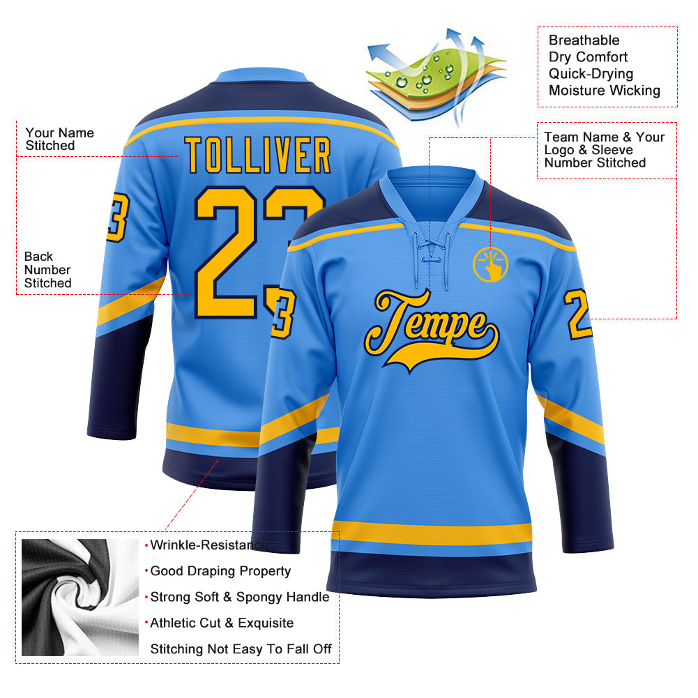 Custom Powder Blue Gold-Navy Hockey Lace Neck Jersey - Sky-Custom