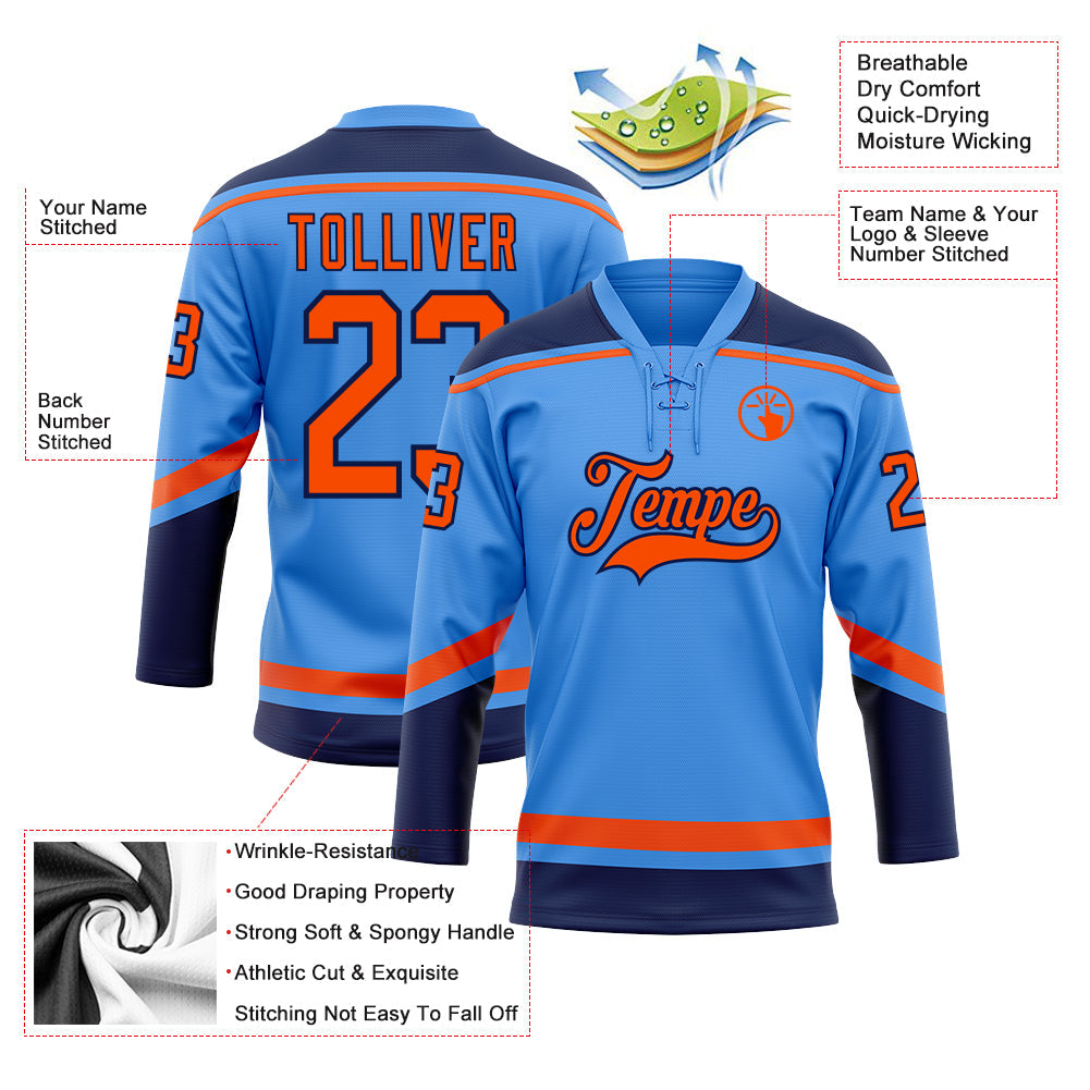 Custom Powder Blue Orange-Navy Hockey Lace Neck Jersey - Sky-Custom
