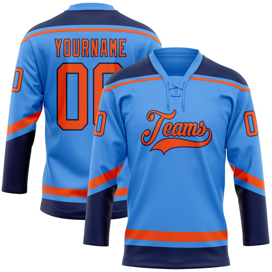 Custom Powder Blue Orange-Navy Hockey Lace Neck Jersey - Sky-Custom