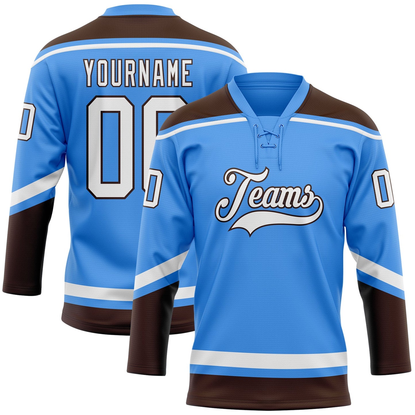 Custom Powder Blue White-Brown Hockey Lace Neck Jersey - Sky-Custom