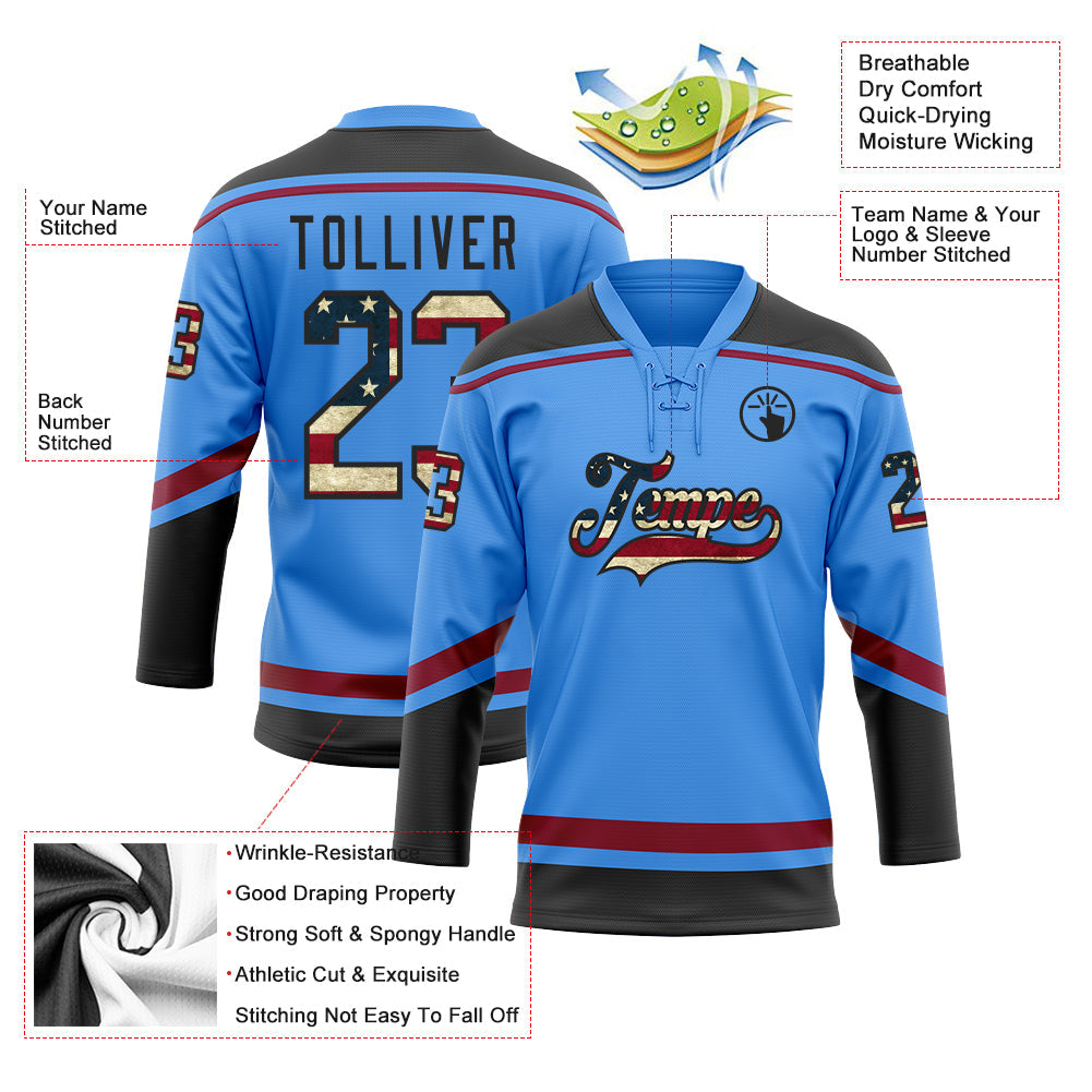 Custom Powder Blue Vintage USA Flag Black-Maroon Hockey Lace Neck Jersey - Sky-Custom