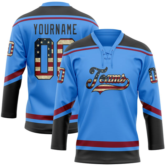 Custom Powder Blue Vintage USA Flag Black-Maroon Hockey Lace Neck Jersey - Sky-Custom