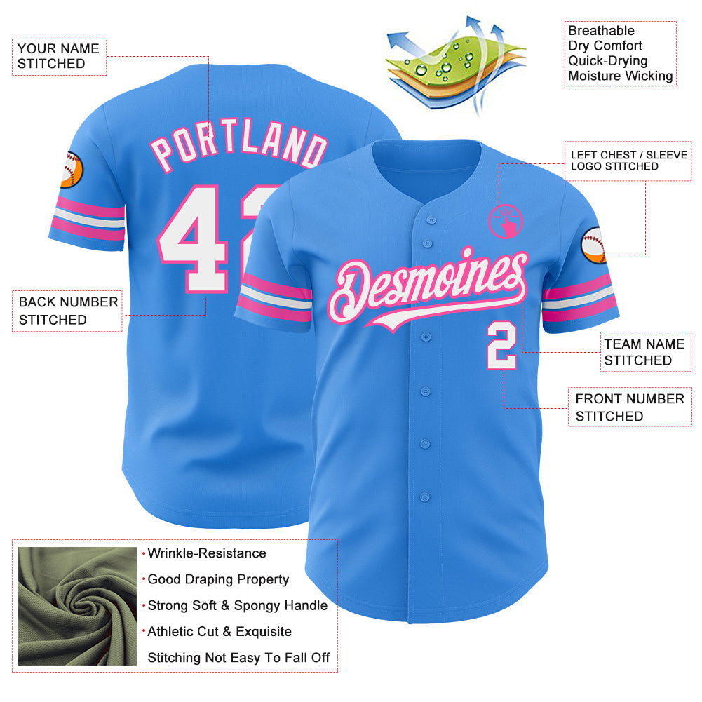 Custom Electric Blue White-Pink Authentic Baseball Jersey - Sky-Custom