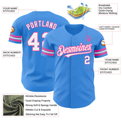 Custom Electric Blue White-Pink Authentic Baseball Jersey - Sky-Custom